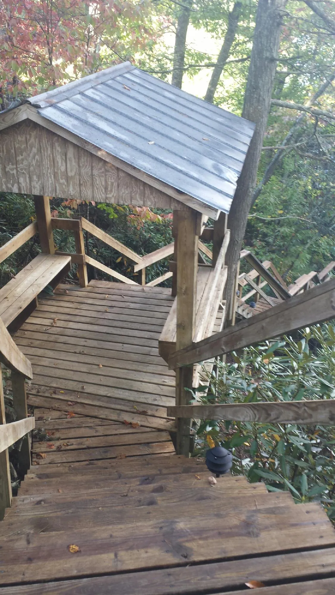 Metal roofed shelter over wooden steps on a wooded walkway — Skylight Repair & Installation work by our crew in Delcambre